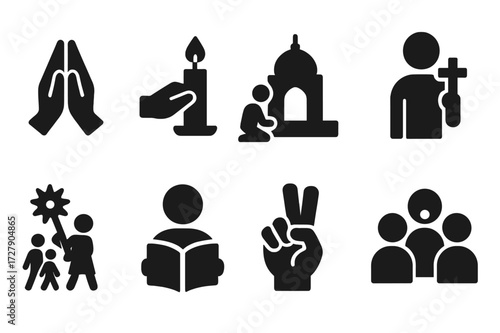 Religious Celebrant Icons. Solid, filled icon set of religious celebrants: hands in prayer, lighting candle, temple visit, holding cross, festive procession,