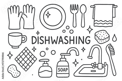 Dishwashing Essentials Doodle. Hand-drawn doodle illustration Dishwashing with rubber gloves gloves, plate, cup, fork, spoon, bubbles, droplet, sponge, dish