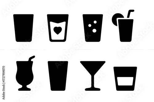 Glass Beverage Icons. Solid, filled icon set of glass beverages: water glass, juice glass, soda glass, iced tea glass, smoothie glass, milk glass, cocktail