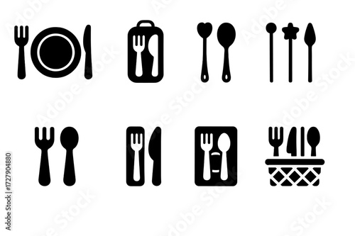 Cutlery Icon Collection. Solid, filled icon set of cutlery sets: table setting, travel kit, camping utensils, children?s set, cocktail stirrers, disposable