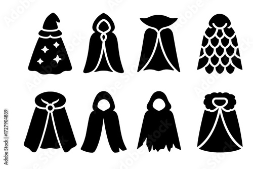 Fantasy Cape Icons. Solid, filled icon set of fantasy capes: wizard?s cape, elven cloak, vampire cape, dragon scale cape, enchanted mantle, stealth cape,