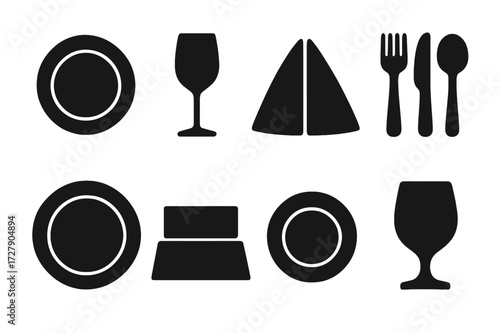 Banquet Table Icons. Solid, filled icon set of banquet room table settings: dinner plate, wine glass, napkin fold, cutlery set, charger plate, place card,
