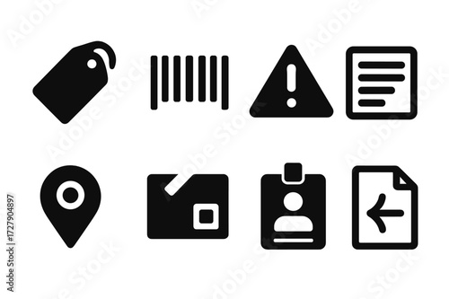 Label Icon Set. Solid, filled icon set of label categories: price, barcode, warning, nutrition, address, tracking, identification, instruction. [Line icons in