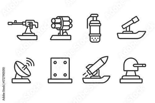 Boat Defense Icons. Outline icon set of boat weaponry and defense: mounted machine gun, rocket launcher, smoke grenade, flare launcher, radar jammer, armor