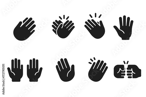 Clapping Gesture Icons. Solid, filled icon set of clapping hands gestures: single clap, double clap, applause, slow clap, hands raised, high five, hand wave,