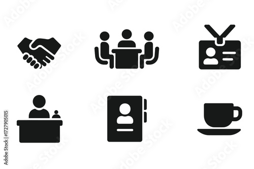 Business Icons Grid. Solid, filled icon set of business guests: handshake, meeting room, guest ID, visitor badge, reception desk, conference folder, coffee