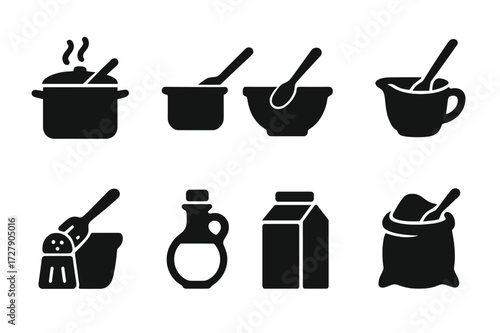 Cooking Ingredients Icons. Solid, filled icon set of stirring ingredients: soup pot, sauce pan, batter bowl, cream container, spice shaker, oil bottle, milk