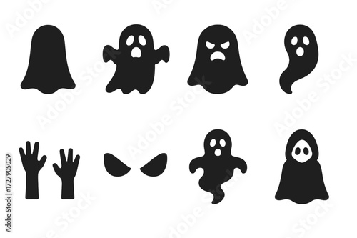 Ghostly Icon Set. Solid, filled icon set of ghostly figures: transparent silhouette, floating spirit, haunted face, ghost trail, spectral hands, eerie eyes,