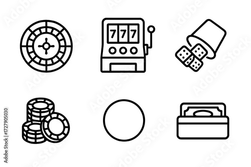 Casino Gaming Icons. Outline icon set of casino floor gaming: roulette wheel, slot machine, blackjack cards, dice cup, poker chips, dealer button, betting