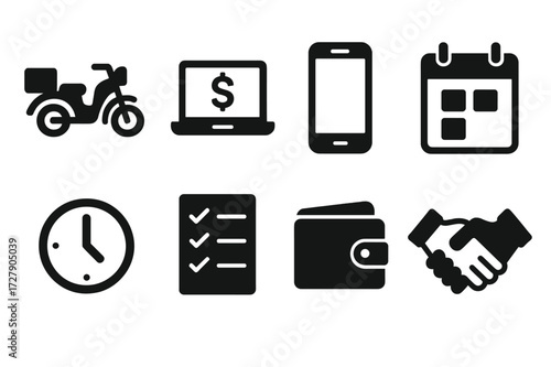 Gig Economy Icons. Solid, filled icon set of gig economy: delivery bike, laptop with dollar sign, smartphone, calendar, clock, checklist, wallet, handshake.