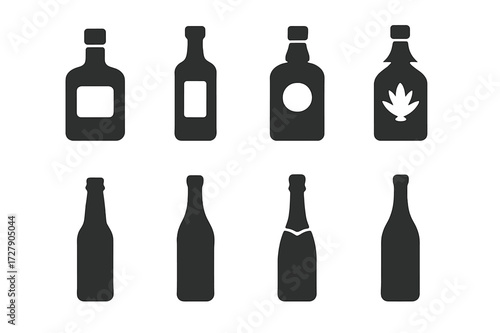 Alcohol Icons Grid. Solid, filled icon set of alcoholic beverages: whiskey bottle, vodka bottle, rum bottle, tequila bottle, gin bottle, beer bottle, wine