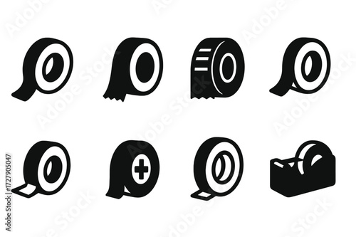 Tape Icon Grid. Solid, filled icon set of tape types: adhesive tape, masking tape, duct tape, electrical tape, packing tape, medical tape, double-sided tape,