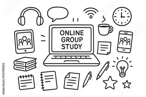 Online Study Doodle. Hand-drawn doodle illustration online group study laptop, tablet, smartphone, wifi signal, headphones, books, notebook, pen, speech