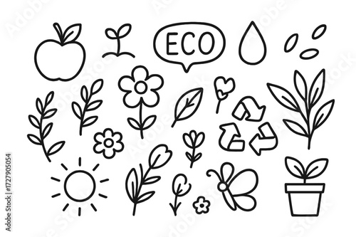 Eco-Friendly Icons Doodle. Hand-drawn doodle illustration Eco-friendly food package design [fruit icon, leaf, sprout, flower, eco label, droplet, seed,