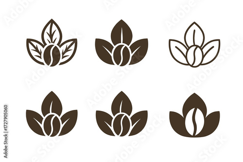Stylized Coffee Logos. Coffee. Set Logo of coffee: Coffee leaf icon. harmonious logo variations of the same emblematic concept (Stylized detail, Symmetrical