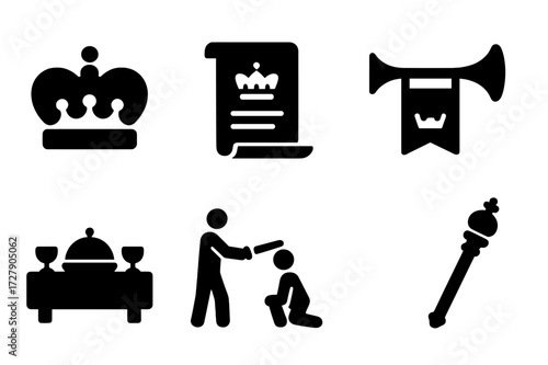 King's Ceremony Icons. Solid, filled icon set of king?s ceremonies: coronation crown, royal decree, throne room, herald trumpet, royal banquet, knights