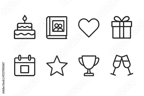 Marriage Milestones Icons. Outline icon set of marriage milestones: anniversary cake, photo album, heart, gift box, calendar, star, trophy, champagne glasses.