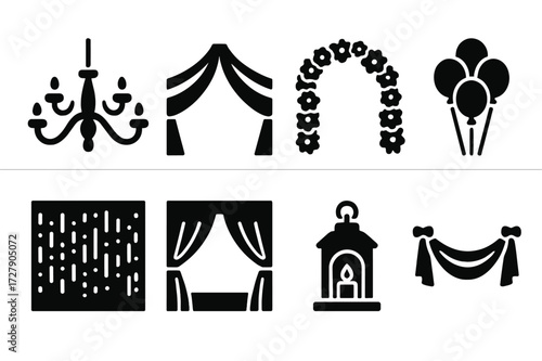 Banquet Decor Icons. Solid, filled icon set of banquet hall decor: chandelier, draped ceiling, floral arch, balloon arrangement, light curtain, stage backdrop,