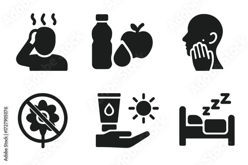 Eczema Management Icons. Solid, filled icon set of eczema lifestyle: stress management, hydration, healthy diet, gentle skincare, avoiding allergens, regular
