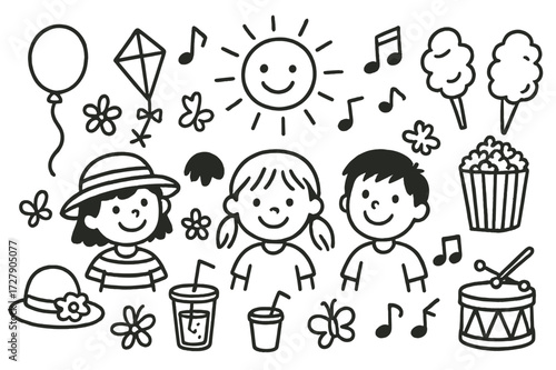 Summer Festival Doodle. Hand-drawn doodle illustration children at summer festival smiling face, balloon, kite, toy, ice cream cone, cotton candy, popcorn box,