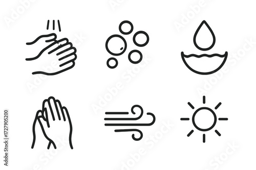 Purification Process Icons. Solid, filled icon set of purification process: washing hands, rinsing, soap bubbles, clean water, drying hands, air