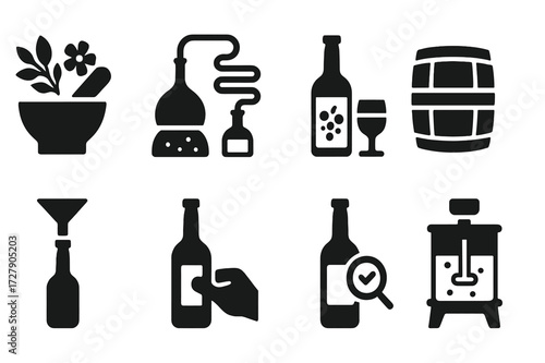 Bitters Production Icons. Solid, filled icon set of bitters production: botanical extraction, distillation, maceration, aging, bottling, labeling, quality