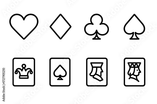 Playing Card Icons. Outline icon set of card suits: hearts, diamonds, clubs, spades, joker, ace, king, queen. Line icons in only black color, consistent stroke