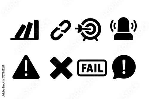 Mistake Consequence Icons. Solid, filled icon set of mistake consequences: falling dominoes, broken link, missed opportunity, alarm bell, danger sign, crossed