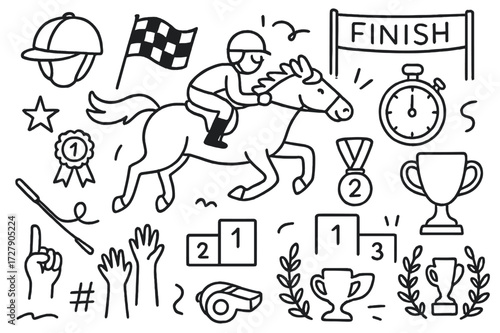 Horse Racing Icons. Hand-drawn doodle illustration Horse race winner horse, jockey helmet, flag, finish line, stopwatch, ribbon, star, cheering hands, podium,