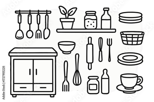 Cozy Kitchen Doodle. Hand-drawn doodle illustration Designing a cozy and functional kitchen Cabinet, Shelf, Basket, Plant, Jar, Bottle, Plate, Cup, Spoon,
