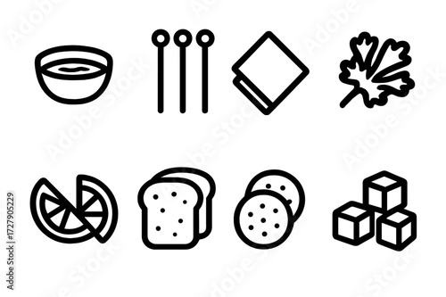 Appetizer Icon Set. Solid, filled icon set of appetizer accompaniments: dipping sauce, cocktail sticks, napkins, garnish, lemon wedges, bread slices, crackers,