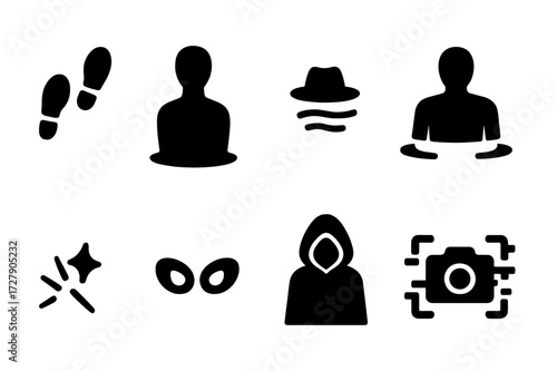 Mystery Icon Set. Solid, filled icon set of hidden character symbols: footstep trail, missing shadow, floating object, half-visible body, spark of movement,
