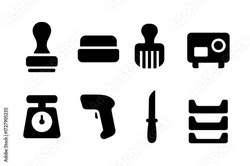Postal Tools Icons. Solid, filled icon set of postal tools: rubber stamp, ink pad, date roller, cancellation machine, postal scale, barcode reader, letter