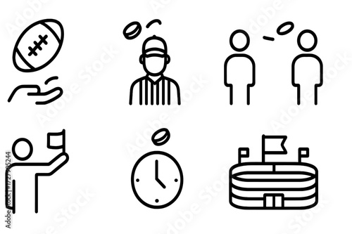 Coin Toss Icons. Outline icon set of coin toss sports use: football toss, referee toss, start game, team selection, penalty decision, overtime decision, coin