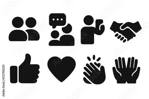 Vibes Icon Set. Solid, filled icon set of vibes social: friends, group chat, selfie, handshake, thumbs up, heart emoji, clapping hands, high five. Solid,