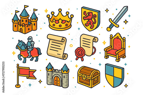 Medieval Icon Set. Landgrave. Colorful isometric vector icons set of Landgrave: medieval castle, crown, coat of arms, sword, knight on horse, scroll, royal