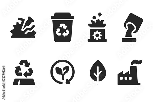 Zinc Recycling Icon Set. Solid, filled icon set of zinc recycling: scrap metal, recycling bin, metal shredder, melting furnace, recycled ingot, sustainability,