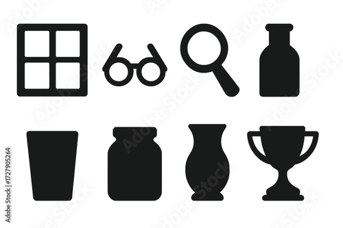 Glass Icon Set. Solid, filled icon set of glass objects: window pane, eyeglasses, magnifying glass, glass bottle, drinking glass, glass jar, glass vase, glass