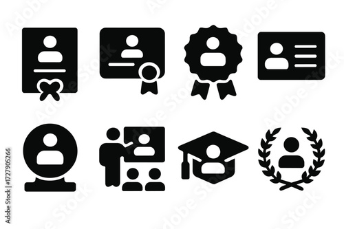 Therapy Certification Icons. Solid, filled icon set of therapy certifications: diploma, certificate, badge, license, award, training, education, accreditation.