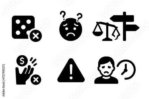 Poor Decision Icons. Solid, filled icon set of poor decision making: dice with cross, confused face, broken scales, crossroads sign, missed opportunity, red