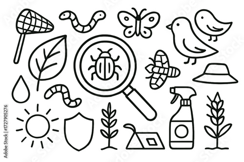 Pest Control Doodles. Hand-drawn doodle illustration integrated pest management magnifying glass, leaf, beetle, worm, butterfly, spider, bird, spray bottle,