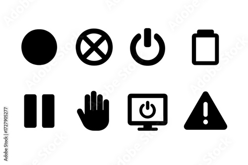 Shutdown Icon Set. Solid, filled icon set of shutdown indicators: red light, crossed circle, power symbol, battery empty, pause icon, stop hand, shutdown