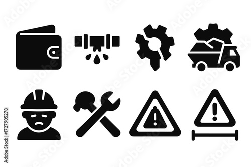 Resource Strain Icons. Solid, filled icon set of resource strain: empty wallet, bursting pipes, broken cogwheel, overloaded truck, tired worker, crossed tools,