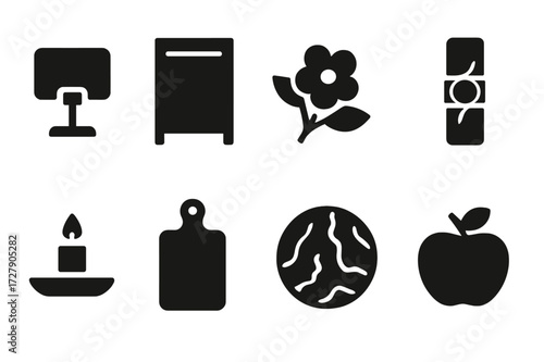 Food Decor Icon Set. Solid, filled icon set of food decor elements: name card holder, chalk menu, floral garnish, napkin wrap, candle on tray, wood board,