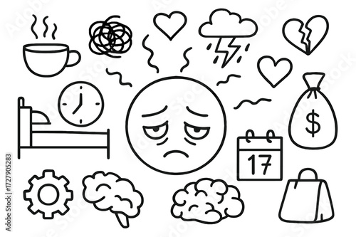 Exhaustion Icons Montage. Hand-drawn doodle illustration emotional exhaustion tired face, drooping eyes, coffee cup, clock, bed, pillow, tangled lines, storm