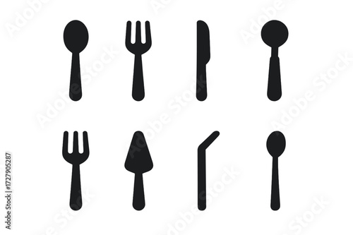 Dessert Utensils Icons. Solid, filled icon set of dessert utensils: spoon, fork, dessert knife, ice cream scoop, dessert fork, cake server, straw, cocktail
