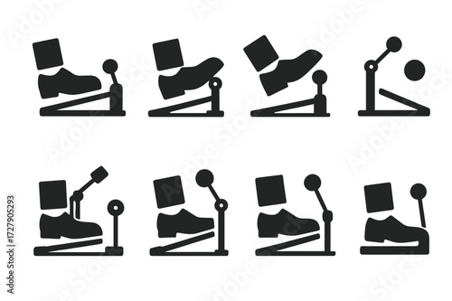 Drumming Techniques Icons. Solid, filled icon set of kick pedal playing techniques: heel down, heel up, slide technique, swivel technique, double stroke,