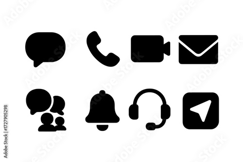 Communication Icons Grid. Solid, filled icon set of communication platforms: chat bubble, phone call, video call, email, group chat, notification, headset,
