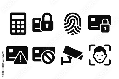 Debit Card Security Icons. Solid, filled icon set of debit card security: PIN pad, lock, fingerprint scanner, encryption, fraud alert, card block, CCTV camera,