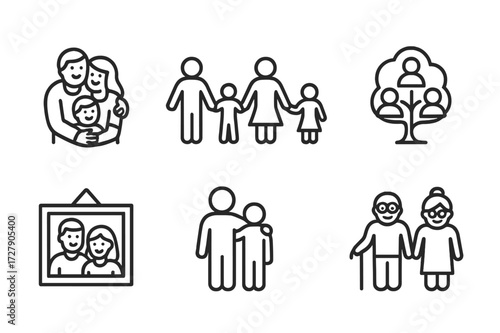 Family Icon Set. Outline icon set of together family: family hug, holding hands, family meal, family tree, family photo, parent and child, siblings,